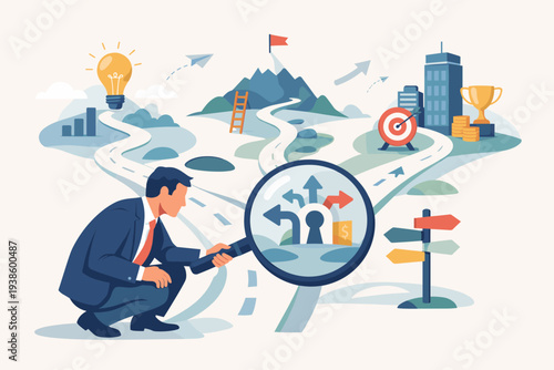 Businessman analyzing career path options with magnifying glass at a crossroad, choosing direction for success, innovation, and business goals, strategic decision making vector illustration.