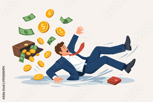 Businessman slipping and falling while losing money from his briefcase, representing financial mistake, investment risk, trading failure, bankruptcy, debt, and economic crisis illustration.