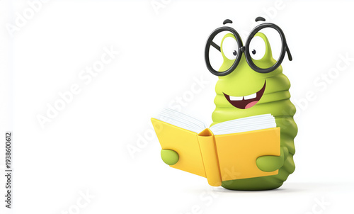 Cheerful cartoon bookworm in glasses reading a yellow book