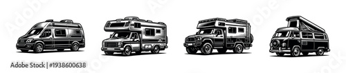 Black and white silhouette illustration of various camper van models
