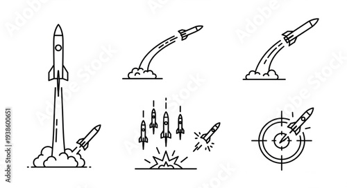 Rocket launch and flight sequence icons set.