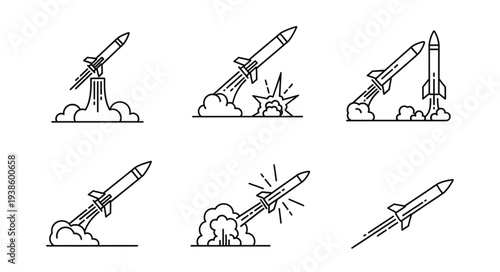 Collection of Rocket Launch Icons in Line Art Style.