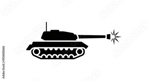 Black silhouette of a military tank firing its cannon.