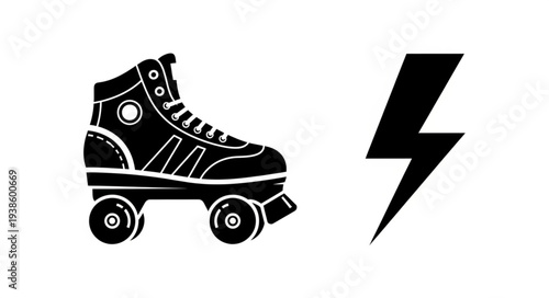 Black silhouette of a roller skate next to a lightning bolt symbol.