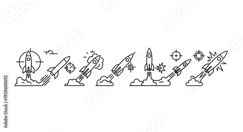 Collection of rocket launch illustrations in a line.