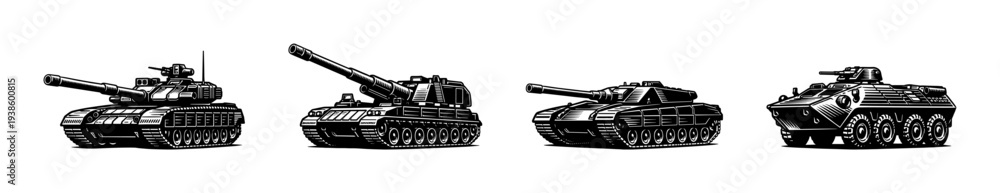 Obraz premium Black and white vector illustration of military tanks in silhouette style