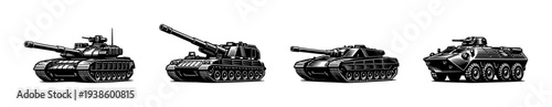 Black and white vector illustration of military tanks in silhouette style