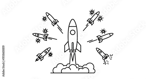 Multiple rockets launching into space with smoke and stars.