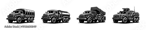 Black and white military truck vector illustrations set silhouette style