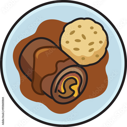 German Rouladen With Gravy and Potato Dumpling on Plate Traditional Beef Roll