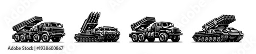 Black and white military vehicles silhouette set featuring missile launchers