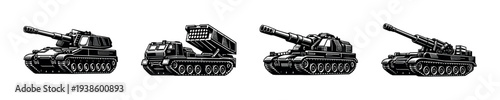 Set of military vehicle silhouettes including tanks and artillery in black and white vector