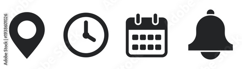 Location Time Calendar Notification Icon Set, isolated vector symbols for calendars, clocks, notifications, reminders, events, scheduling, and productivity interface design