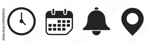 Location Time Calendar Notification Icon Set, collection of vector symbols for scheduling, reminders, appointments, alerts, events, and productivity tools design