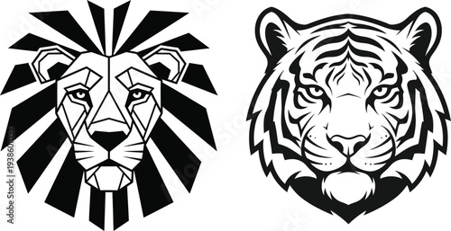 Geometric lion and tiger head illustrations in black and white