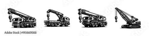 Vector illustration of construction cranes and trucks set in black and white silhouette