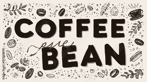 Black text spelling "COFFEE BEAN" with scribbled leaf/bean illustrations on a light beige backdrop