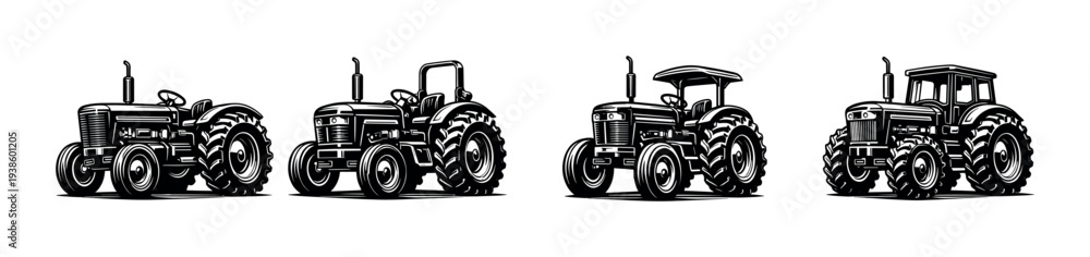 Obraz premium Vector illustration set of vintage tractors in black and white silhouette style