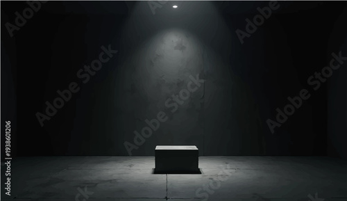An old man stands in a dark vintage room with a spotlight illuminating the grunge concrete wall and wood floor of the empty interior