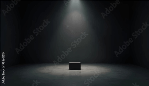 An old man stands in a dark vintage room with a spotlight illuminating the grunge concrete wall and wood floor of the empty interior