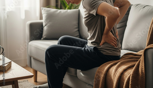 a woman touching the back of their neck, showing visible muscle tension. Soft daylight, clean minimal background. Concept of muscle discomfort, health, and pain relief. High quality photo