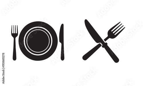 Black silhouette of plate fork knife and crossed knife and fork isolated on transparent background