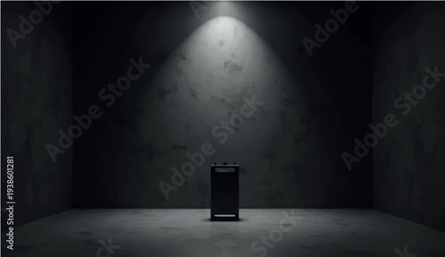 An old man stands in a dark vintage room with a spotlight illuminating the grunge concrete wall and wood floor of the empty interior