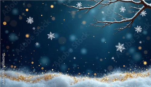 A festive winter night landscape featuring a decorated Christmas tree under a blue sky with falling snowflakes and stars for a holiday celebration greeting card illustration