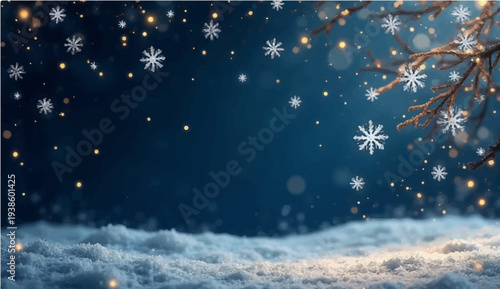 A festive winter night landscape featuring a decorated Christmas tree under a blue sky with falling snowflakes and stars for a holiday celebration greeting card illustration