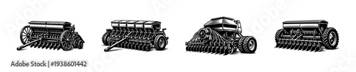 Set of four black and white agricultural machine silhouettes in vector style