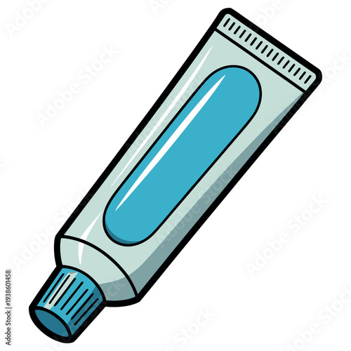 Toothpaste tube graphic shows blue gel filling against a white background for dental health.