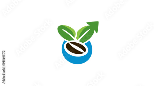 A logo featuring a coffee bean inside a blue circle with leaves and a green arrow pointing up