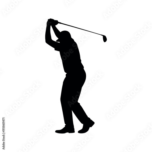Silhouette of a golfer in mid swing against a white background,