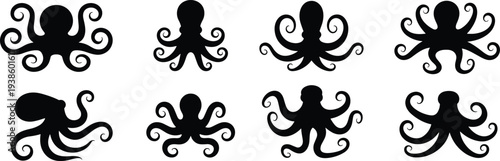 Octopus silhouettes collection, marine sea animal set, isolated cephalopod shapes, ocean wildlife tentacles black vector illustration
