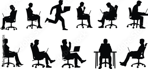 Office silhouettes, laptop workers, seated employees, running with laptop, teamwork posture, corporate environment, modern workplace, technology use, business diversity, productivity