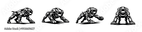 Vector silhouette of robotic dog poses in black and white illustrative style