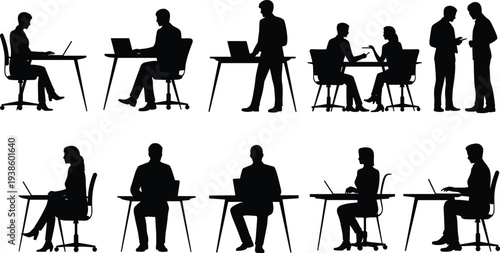 Office silhouettes, workplace figures, business icons, team collaboration, desk work, laptop users, professional posture, vector illustration, black silhouettes, design elements