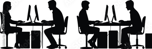 Office silhouettes, people at desks, computer workspace vector, professional environment illustration, teamwork design, productivity art, shared workplace decor, black figures
