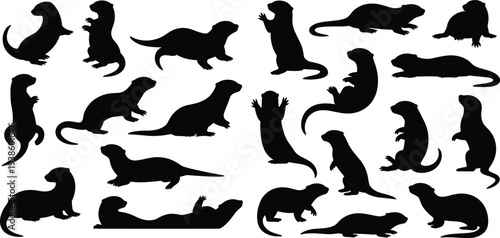 Otter silhouettes collection, standing, lying, walking, swimming poses, playful wildlife animals, aquatic mammals, nature design elements, biology illustration artwork