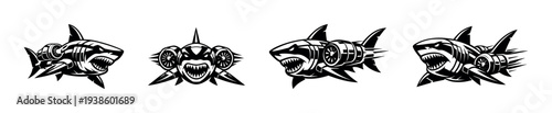 Futuristic shark vector illustration set in black and white silhouette style