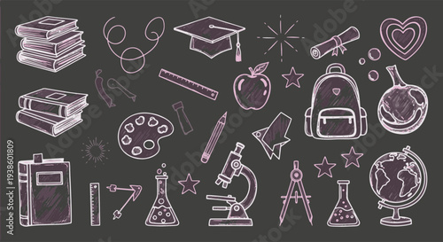 Collection of School and Science Related Icons Including Books Graduation Cap Apple Microscope Globe and Flasks Arranged on a Chalkboard Background