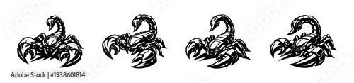 Black and white scorpion illustration set with detailed mechanical design