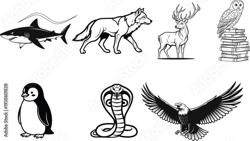 A collection of iconic animal illustrations including a shark wolf deer beehive penguin snake and eagle