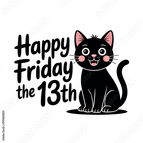 Cute black cat graphic conveys a happy Friday the thirteenth greeting message clearly.