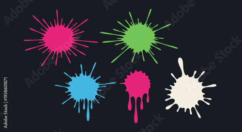 Vibrant Splashes of Pink Green and Blue Paint Drips and Splatters on a Dark Background Abstract Graphic Design Elements