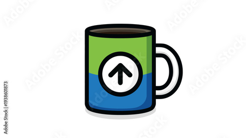 A colorful mug, green and blue, with an upward arrow in a circle, filled with dark liquid