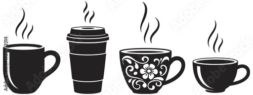 Hot Coffee Cup Silhouettes Set, steaming mugs and takeaway cups collection, black white drink icons for cafe menu branding vector illustration