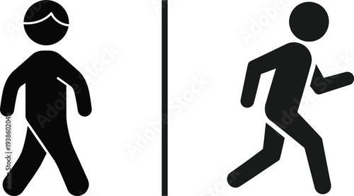 Simple black silhouettes depicting a walking and running person
