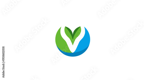 A vibrant logo features green leaves within a blue and green crescent, shaped like a stylized letter "V