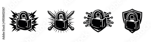 Set of padlock emblems with security symbols in black and white vector illustrations